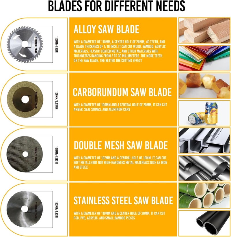 VGJ 2 in 1 Mini Table Saw-Saw blades. Four different saw blades, with a blade diameter of 110 mm, a bore diameter of 20 mm, and a maximum cutting depth of 3-30 mm, designed specifically for small saws. - Image 2